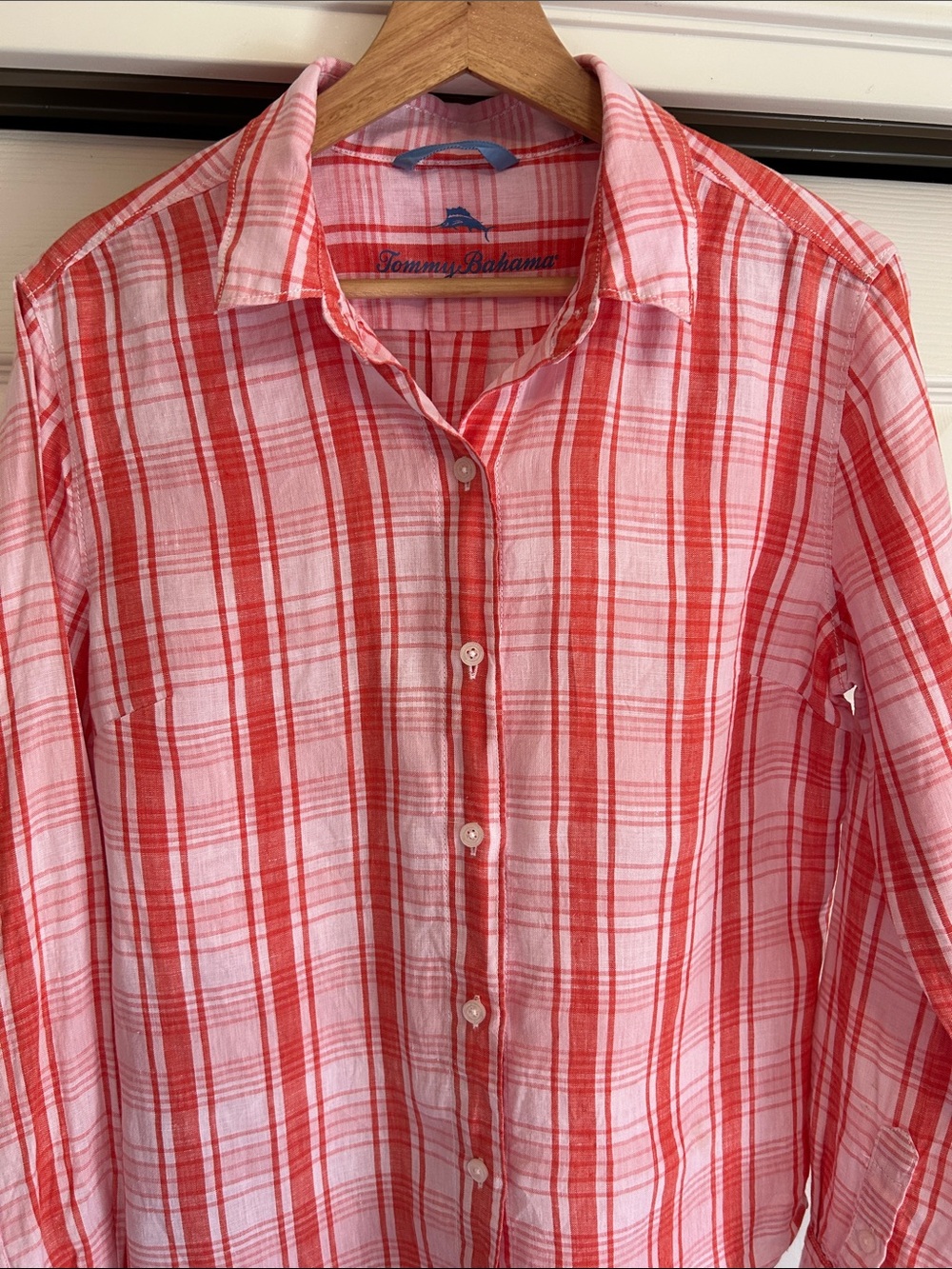 Tommy Bahama Women's Blazing Orange Plaid Linen Button-Down Shirt Size S